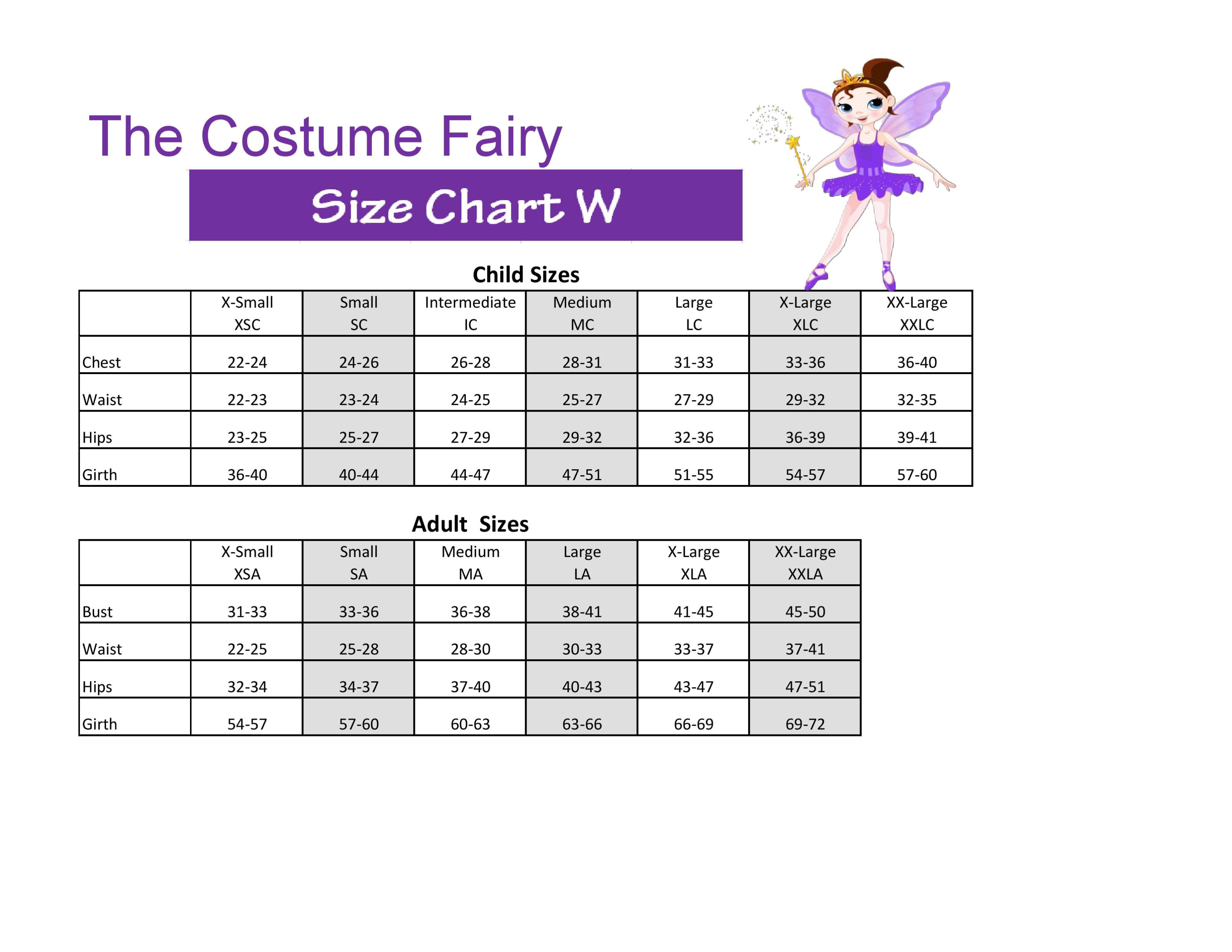 Weissman Costume Size Chart
